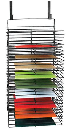 a metal rack holding files and folders