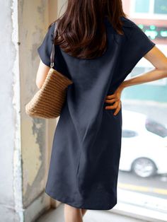 Solid Short Sleeve V-neck Vintage Dress for Women Casual V-neck Dress With Split Neck, Casual Solid Color Mini V-neck Dress, Shift V-neck Dress With Split Neck, Shift V-neck Dress With Notched Neckline, Summer Workwear Mini Dress With Notched Neckline, Shift Mini Dress With Split Neck, Summer Mini Dress With Notched Neckline For Work, Summer Solid Color V-neck Dress For Workwear, Chic Solid Color Split Neck Dress