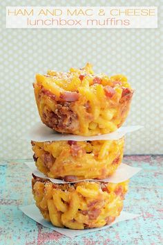 three mini macaroni and cheese muffins stacked on top of each other