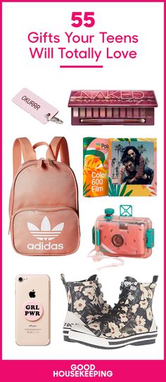 the back to school gift guide for girls with pink and white flowers on it, including backpack