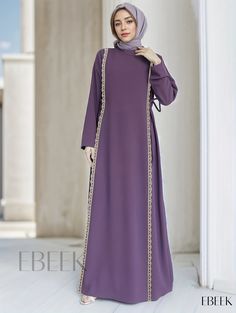 Ebeek - Luxurious Lace-Trimmed Kaftan Dress: Elegant Long-Sleeved Dress in a Sophisticated Solid Color, Exclusively for Women Elegant Fitted Tunic Dress, Elegant Floor-length Purple Kaftan, Elegant Purple Floor-length Kaftan, Elegant Purple Maxi-length Abaya, Purple Long Sleeve Dress For Eid, Elegant Long Purple Dresses, Elegant Tunic Maxi Dress For Eid, Fitted Long Sleeve Kaftan For Formal Occasions, Elegant Purple Tunic Dress