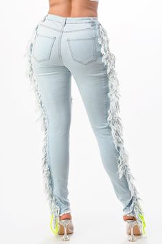 SKINNY JEANS SIDE FRINGE WITH LACE UP SIZE+FIT Model Measurements View Size on Model S Height 5'7" Bust 34" Waist 27" Hips 37.5 Blue Jeans With Frayed Hem For Spring, Spring Blue Jeans With Frayed Hem, Fitted Fringe Jeans For Spring, Stretch Light Wash Pants With Frayed Hem, Trendy Straight Leg Bottoms With Fringe, Spring Light Wash Pants With Frayed Hem, Trendy High Waist Fringe Jeans, Trendy Light Blue Jeans With Frayed Hem, Casual High-waist Jeans With Fringe