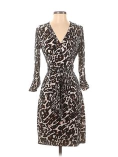 Calvin Klein Cocktail Dress Size: P White Dresses - used. 95% POLYESTER, 5% SPANDEX, Wrap, V-Neck, Animal Print, Knee Length, Long sleeves | Calvin Klein Cocktail Dress - Wrap: White Animal Print Dresses - Used - Size P Fitted Printed Dress With Surplice Neckline, Casual V-neck Calvin Klein Dress, Calvin Klein Casual V-neck Dress, Printed Fitted Wrap Dress With Surplice Neckline, Calvin Klein V-neck Party Dress, Fitted Printed V-neck Wrap Dress, Calvin Klein V-neck Mini Dress For Spring, Chic Calvin Klein Midi Dress With V-neck, Calvin Klein Summer V-neck Midi Dress