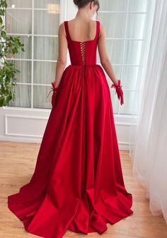 Renaissance Taffeta Gown | Teuta Matoshi Red Gown Ball, Modern Ball Gown, Red Satin Gown, Gown Aesthetic, Red Formal Gown, Bow Gloves, Teuta Matoshi, Taffeta Gown, Fancy Gowns