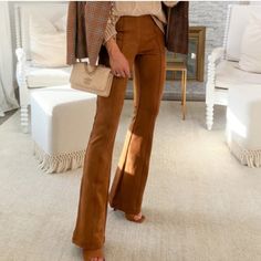 Item: Nwt Spanx Faux Suede Flare Pants In Rich Camel Size: Medium Color: Camel. Tan/Brown. Material: 90% Polyester, 10% Elastane. Features: This Machine-Washable Suede Flare Features A Pull-On Design (No Button Or Zipper), Hidden Core Shaping Technology And Flexible Fabric You Can Move In. Machine-Washable No Zipper, No Button. Just Pull On Flexible Fabric You Can Move In Without Sacrificing The Look Of Real Suede Hidden Core Shaping Technology Flattering Seams No Center-Seamfor No More Camel To Woman’s Jumpsuit, Faux Suede Pants Outfit, Suede Pants Outfit, Iron Machine, Suede Leggings, Suede Pants, Knee Length Skirt Pencil, Faux Suede Fabric, Flare Leg Pants