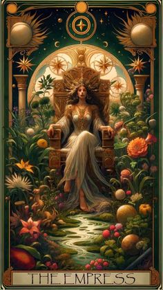 a woman sitting on top of a throne surrounded by flowers and plants in the background