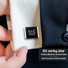 "Strength in Style: Wedding custom cufflinks, Timeless Memories, Carved in Stone. Elevate your style with groom cufflinks, carefully crafted from 925 sterling silver or 18k gold-plated sterling silver and mirror-polished natural black onyx. The unique method of personalization by burning it on the surface of the stone will make it unique and durable.  Handcrafted in Europe by expert jewelers with 35 years of experience, these cufflinks are more than just accessories; they are symbols of strength and sophistication. Known as the \"stone of inner strength\", onyx provides strength and clarity, making it ideal for facing life's challenges.  Perfect for grooms, groomsmen, fathers, graduates, boyfriends and more, these cufflinks make a meaningful gift for any occasion. Strengthen your style, em Bride On Wedding Day, Groom Gift From Bride, Groom Cufflinks, Custom Cufflinks, How To Clean Silver, Symbols Of Strength, Laser Marking, Bride And Groom Gifts, Letter Gifts