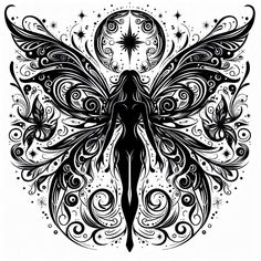 a black and white drawing of a woman's silhouette with butterflies around her body