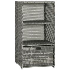 a gray wicker bookcase with two baskets on the bottom and one shelf above it