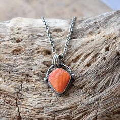 Spiny Oyster Basket Pendant - Spiny Oyster Necklace - Chili Red Pendant - .925 Sterling Silver Orange Sterling Silver Jewelry With Gemstone, Handmade Coral Sterling Silver Jewelry, Oval Orange Sterling Silver Necklace, Orange Oval Sterling Silver Necklace, Orange Gemstone Necklace In Sterling Silver, Sterling Silver Pendant Necklace In Orange, Oval Coral Jewelry For Gift, Coral Oval Jewelry For Gifts, Unique Orange Sterling Silver Jewelry