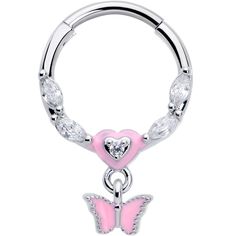 a pink and white butterfly belly ring