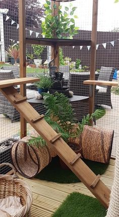 some baskets and plants are sitting on the floor in front of a caged area