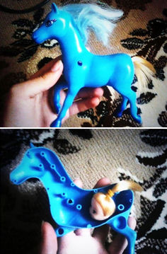 two pictures of a toy horse being held by someone's hand and the other one is