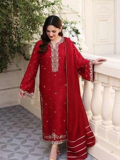 Eid Lawn Suit With Mirror Work In Chinon, Eid Festive Unstitched Suit With Dabka Work, Festive Eid Unstitched Suit With Dabka Work, Festive Chinon Lawn Suit With Mirror Work, Elegant Red Unstitched Festive Suit, Elegant Red Unstitched Suit For Festive Season, Elegant Red Unstitched Suit For Festive Occasions, Unstitched Straight Kurta With Dabka Work For Festive, Festive Nida Kurta With Dabka Work