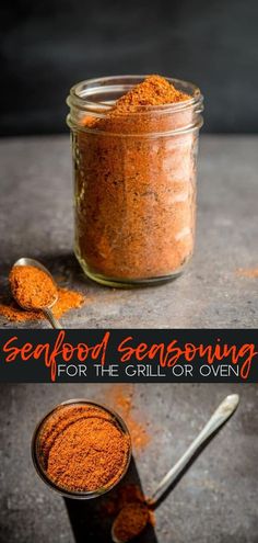 a jar filled with red seasoning next to a spoon on top of a table