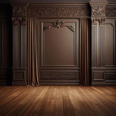 an empty room with wooden floors and walls