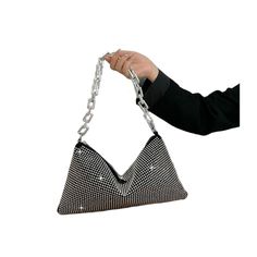 Diamonds are a girl's best friend.. Jaclyn is an exceptionally crafted designer women's shoulder bag perfect for evening events. It boasts a diamond-encrusted design with a luxurious gold link accent chain. Available in eternity silver and black silhouette, it is sure to make a stunning and impressive statement. Primary Material: Canvas Lining Material: Polyester Number of Handles/Straps: Single chain strap Interior: No pocket Size: 13.4"(L)x7.87"(W)1.2"(H) (34x20x3cm) Available in 2 exquisite c Trendy Shoulder Evening Bag For Night Out, Silver Handheld Evening Bag With Chain Strap, Handheld Silver Evening Bag With Chain Strap, Silver Bag With Chain Strap For Night Out, Silver Bags With Chain Strap For Night Out, Trendy Silver Evening Bag, Trendy Evening Metal Bags, Trendy Silver Clutch Evening Bag, Trendy Metal Evening Bag