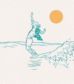 a drawing of a person riding a surfboard on a wave with the sun in the background