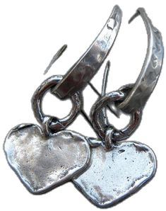 Silver Handmade Double Heart Earrings, Handmade Silver Double Heart Earrings, Handmade Silver Heart Pendant Earrings, Handmade Silver Heart Drop Earrings, Handmade Double Heart Sterling Silver Earrings, Handmade Silver Heart Earrings For Valentine's Day, Nickel-free Sterling Silver Dangle Heart Earrings, Unique Nickel-free Heart-shaped Earrings, Artistic Heart-shaped Nickel Free Earrings