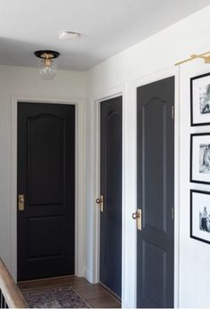 two black doors in a white room with pictures on the wall and an area rug