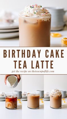 birthday cake tea latte recipe with instructions to make it at home and in the kitchen