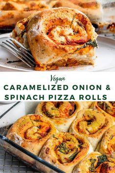 a plate with some pizza rolls on it and the words vegan caramelized onion & spinach pizza rolls