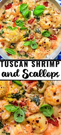 two pictures with different types of food and the words tuscann shrimp and scallops