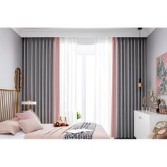 a bedroom with pink and grey drapes on the windows