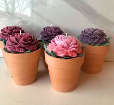 three clay flower pots with candles in them