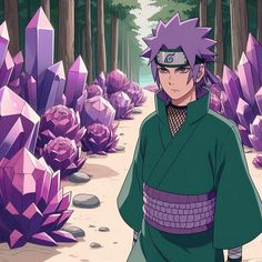 an anime character standing in the middle of a forest with purple rocks and flowers around him