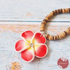 Twinkle Plumeria Red Pendant Hawaiian Necklace - Made In Hawaii Hawaiian Necklace, Red Pendant, Red Pendants, Clay Flowers, Wood Wall Decor, Unique Pendant, Wooden Beads, Twinkle Twinkle, Summer Girls