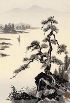 an ink drawing of a pine tree on a rock by the water with mountains in the background