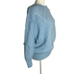 Vintage 80s Open Knit Pullover Sweater S Blue Dolman Sleeve Wool BlendExcellent conditionNo size or fabric tagsChest: 18" laying flatSleeves: 25" from collarLength: 25" shoulder to hem Light Blue Pointelle Knit Sweater For Winter, Blue Pointelle Knit Crew Neck Sweater, Oversized Blue Vintage Sweater, Oversized Blue Knit Sweater, Vintage Blue Knit Sweater, Retro Blue Knit Sweater, Blue Retro Knit Sweater, 80s Shorts, Granny Square Sweater