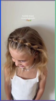 Bubble braid crown hairstyle for kids for school. #firstdayofschoolhairstyles #easyhairstylesforschool #cuteschoolhairstyles #easyschoolhairstyles #hairstylesforschooleasy #cutehairstylesforschool #cutesimplehairstyles #collegehairstyles #easybacktoschoolhairstyles #hairstyleforschool #schoolhairstyles #backtoschoolhairstyles Hairstyle For Kids For School, Bubble Braid Crown, Bubble Braid Hairstyles Kids, Crown Hairstyles For Kids, Girl Kid Hairstyles, Toddler Bubble Braid, Kids Bubble Braid, Braids For Short Hair Kids, Mermaid Hairstyles For Kids