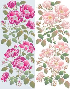 two different images of flowers with green leaves and pink flowers on the same side, one is