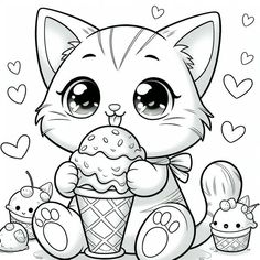 a cat eating an ice cream cone with hearts on the ground in front of it