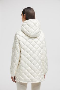 A mid-season on warmer or a layer during the coldest months, this padded jacket is a practical wardrobe addition. The zip-up style is crafted from lightweight longue saison. Winter White Nylon Puffer Outerwear, Winter White Quilted Nylon Outerwear, Quilted Nylon Outerwear In Winter White, White Quilted Down Outerwear, Winter White Down Outerwear With Padded Collar, Down Jackets, White Short, Padded Jacket, White Hoodie