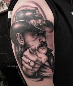 Black and grey realism portrait tattoo of Lemmy Kilmister from Motorhead on an upper arm. Instagram: blackvanillatattoo Lemmy Tattoo Design, Horror Realism Tattoo, Horror Portrait Tattoo, Realism Portrait Tattoo, Horror Movie Tattoos Realism, Horror Movie Portrait Tattoo, Realism Portrait, Lemmy Kilmister