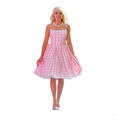 a woman in a pink and white checkered dress