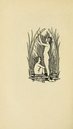 an old book with a drawing of two people in the water