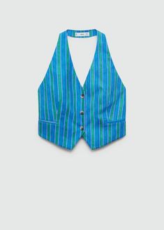 Striped linen printed waistcoat Chic Striped Summer Vest, Spring Vacation Striped Halter Top, Summer Beach Linen Vest, Spring Linen Beach Vest, Halter Neck Top For Summer Workwear, Striped Fitted Halter Top For Summer, Fitted Striped Halter Top For Summer, Spring Striped Halter Top, Striped Halter Top For Spring And Summer