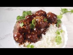 meatballs and rice with cilantro garnishes on a white plate