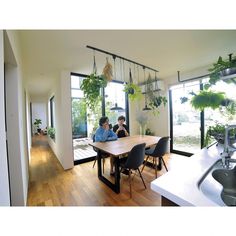 two people sitting at a table with plants hanging from the ceiling