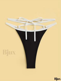 Bjux - Cross Back Stretchy Bikini Bottoms with Strappy Criss Cross Design, Sleek Black Contrast Trim, and Ring Link Swim Briefs Thong - Womens Swimwear & Clothing Black String Swimwear For Beach Season, Stretch Swimwear With Cross-tied Back, Black String Swimwear For Beach, Fitted Cross-tied Strappy Swimwear, Fitted Strappy Cross-tied Swimwear, Black T-back Beach Bottoms, Cross-tied Swimwear With Strappy Back For Poolside, Summer Strappy Swimwear With Cross-tied Details, Swim Brief