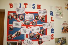 a bulletin board with pictures and words on it that include british flags, people's names, and other things