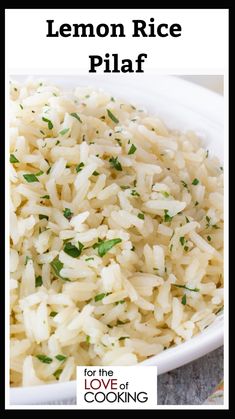 lemon rice pilaf in a white bowl with the title overlay that reads, lemon rice pilaf