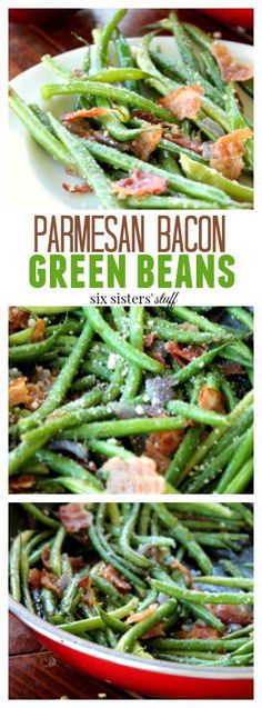 green beans with parmesan bacon in a pan