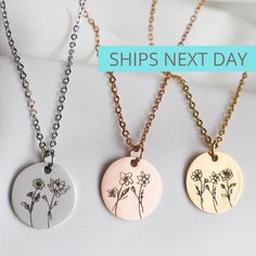 SHIPS NEXT DAY BIRTH FLOWER NECKLACE: Flowers that will last forever. Disc Size: 16mm diameter. Chain lenght: 16'', 18'', 20'' Our pieces are high polished gold plated over stainless steel. This won't tarnish WANT TO ADD BIRTH STONE? SHOP WITH THIS LINK AND LEAVE A NOTE. https://www.etsy.com/listing/940740657/birth-stone-charm-birthstone-pendant-add?ref=shop_home_active_4&pro=1&frs=1 For back engraving, select the option and just add it on the personalization box. Please make sure that y Flower Charm Necklace Gift For Mom, Mother's Day Flower Charm Round Pendant Necklace, Nickel-free Flower Necklace As Gift For Mom, Nickel-free Flower Necklace For Mom, Adjustable Flower Charm Necklace For Mom, Adjustable Flower Charm Necklace As Gift For Mom, Mother's Day Flower Necklace With Round Pendant, Adjustable Birth Flower Necklace As Gift For Her, Adjustable Birth Flower Necklace For Her