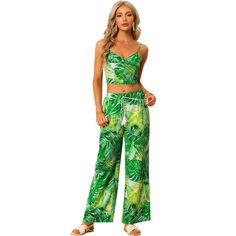 Allegra K Two Piece Outfit for Women's Tropical Print Cami Crop Top Elastic Waist Wide Leg Pants Sets. Two Pieces Outfits. Sleeveless. Cami Crop Top. Wide Leg Pants. Elastic Waist. Lightweight Fabric. Tropical Leaf Print. Regular Fit. In a blooming tropical Hawaiian leaves print, the sets can be comfortable to wear in hot summer and convenient of the basic wide leg pants. Bohemian summer beach style design with crop cami top show out your body curve perfectly in summer time. Suitable for summer Round Neck Crop Top, Summer Fashion Beach, Hawaiian Outfit, Top And Pants Set, Lace Evening Dresses, Cami Crop Top, Casual Summer Outfit, Womens Casual Outfits, Seasonal Fashion