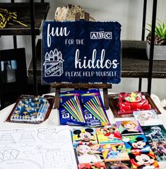 Kids Activity Table Wedding, Things For Kids At Weddings, Welcome Table For Wedding, Kids Corner Wedding, Wedding Kids Table Ideas, Wedding Signs Painted, Wedding Kids Table Sign, Kids Table Sign, Kids Entertainment Wedding